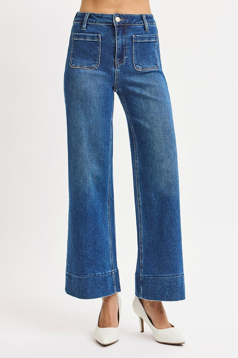 Holly High Rise Wide Front Patch Pocket Risen Jeans Dark