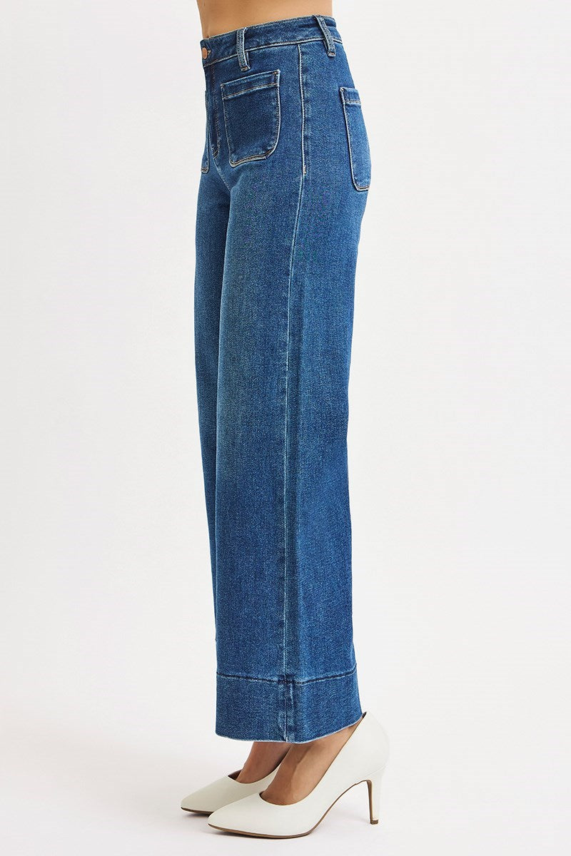 Holly High Rise Wide Front Patch Pocket Risen Jeans Dark