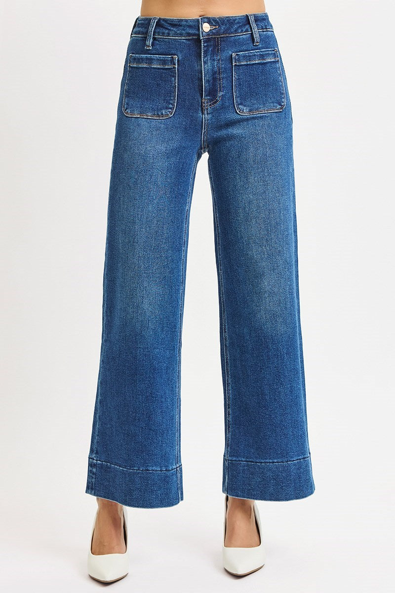 Holly High Rise Wide Front Patch Pocket Risen Jeans Dark