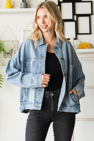 Penny Pleated Back Denim Jacket Medium Wash