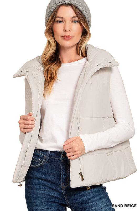 Hannah High Neck Puffer Vest Sand Beige