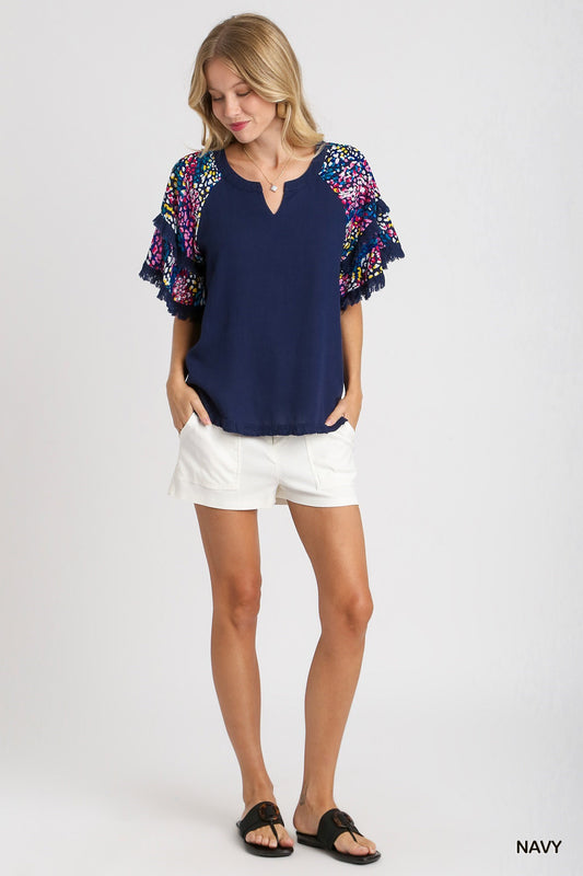 Darcy Double Flutter Sleeve Top Navy