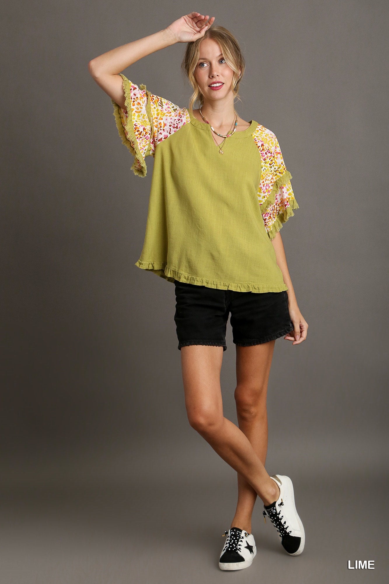 Darcy Double Flutter Sleeve Top Lime