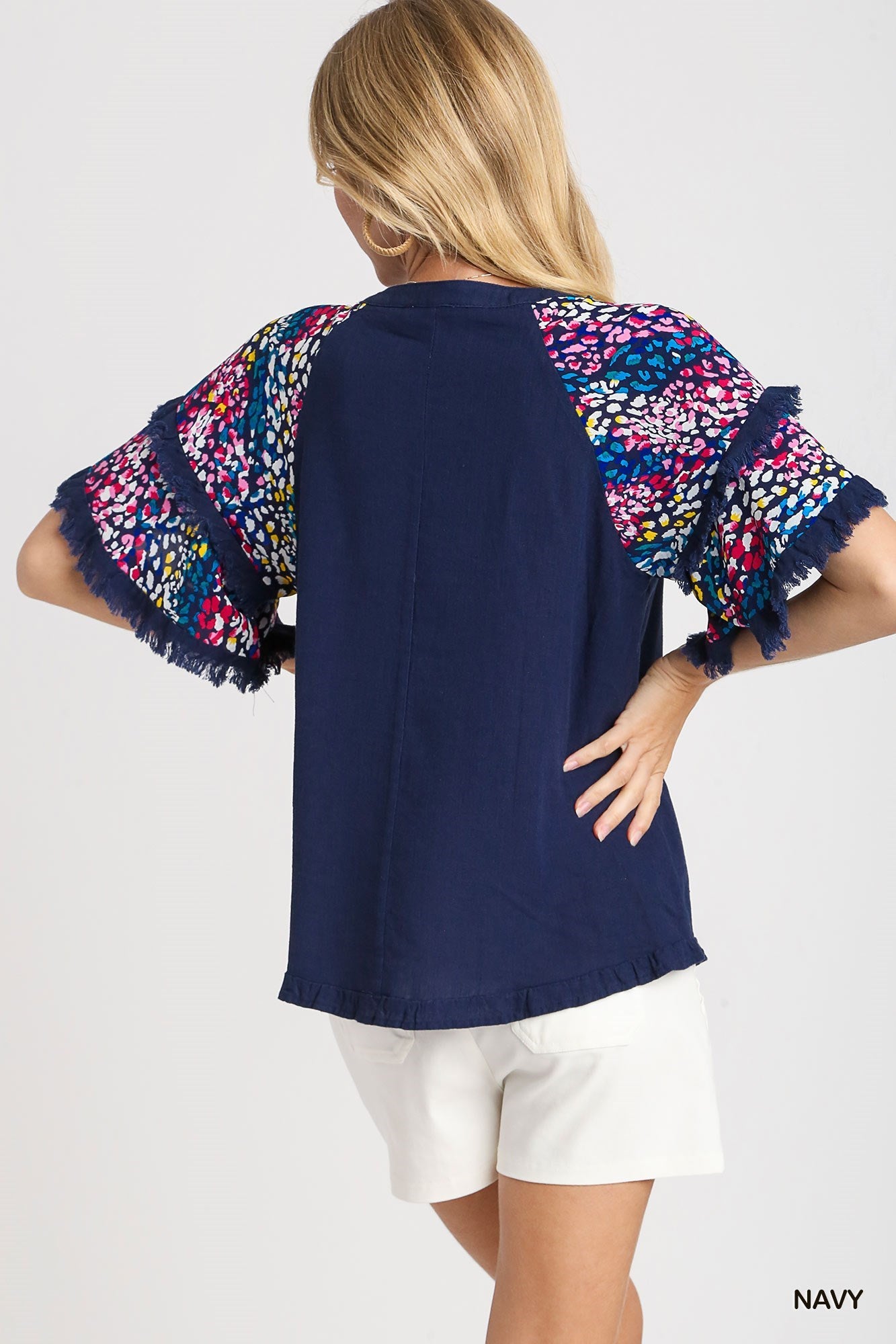 Darcy Double Flutter Sleeve Top Navy