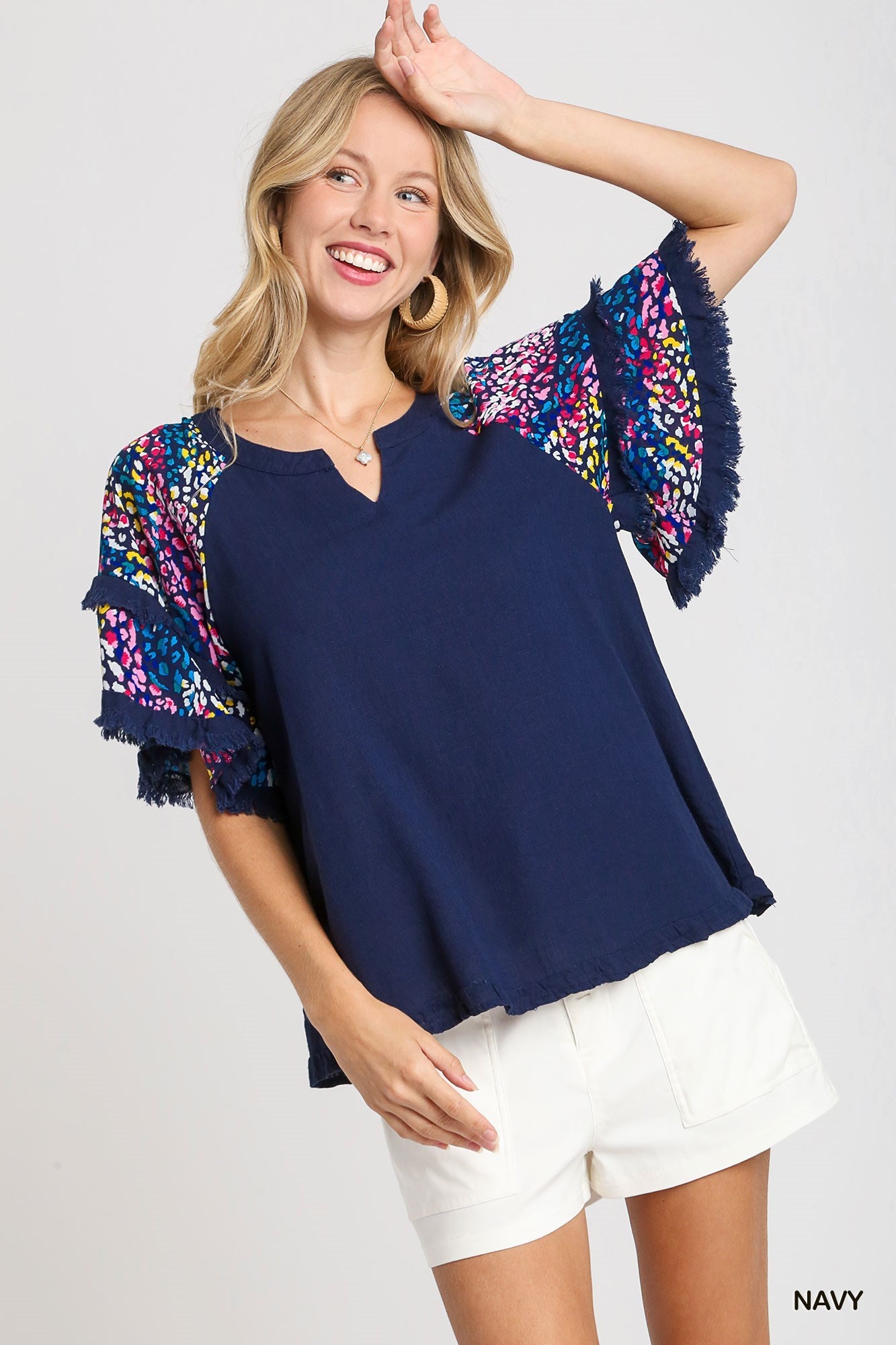 Darcy Double Flutter Sleeve Top Navy