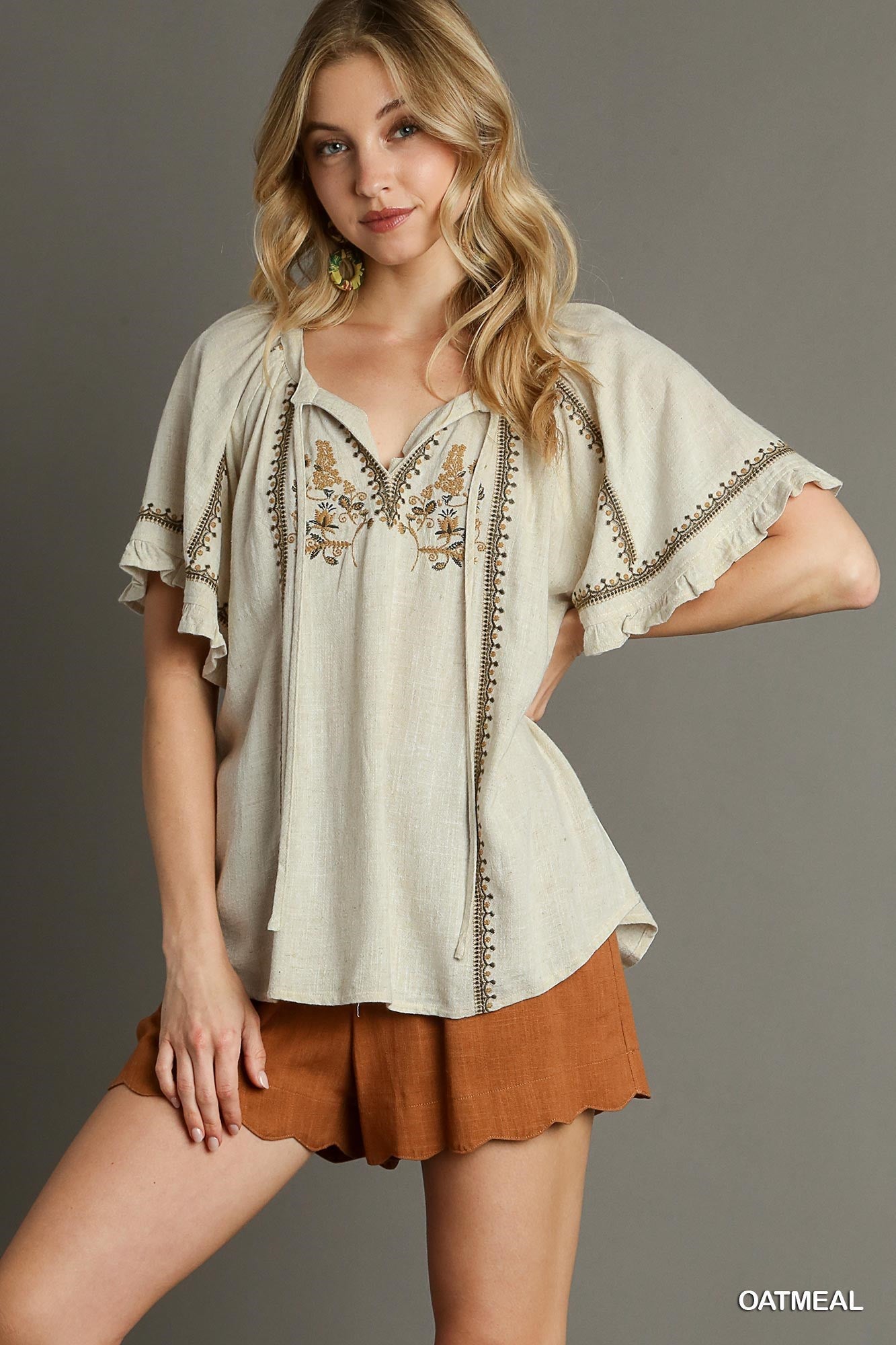 Maire Embroidery Tassel Tie Top Oatmeal