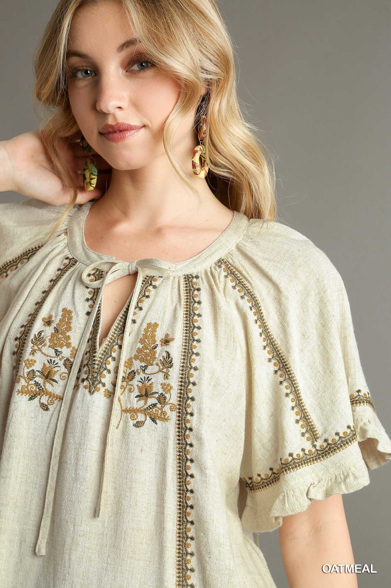 Maire Embroidery Tassel Tie Top Oatmeal