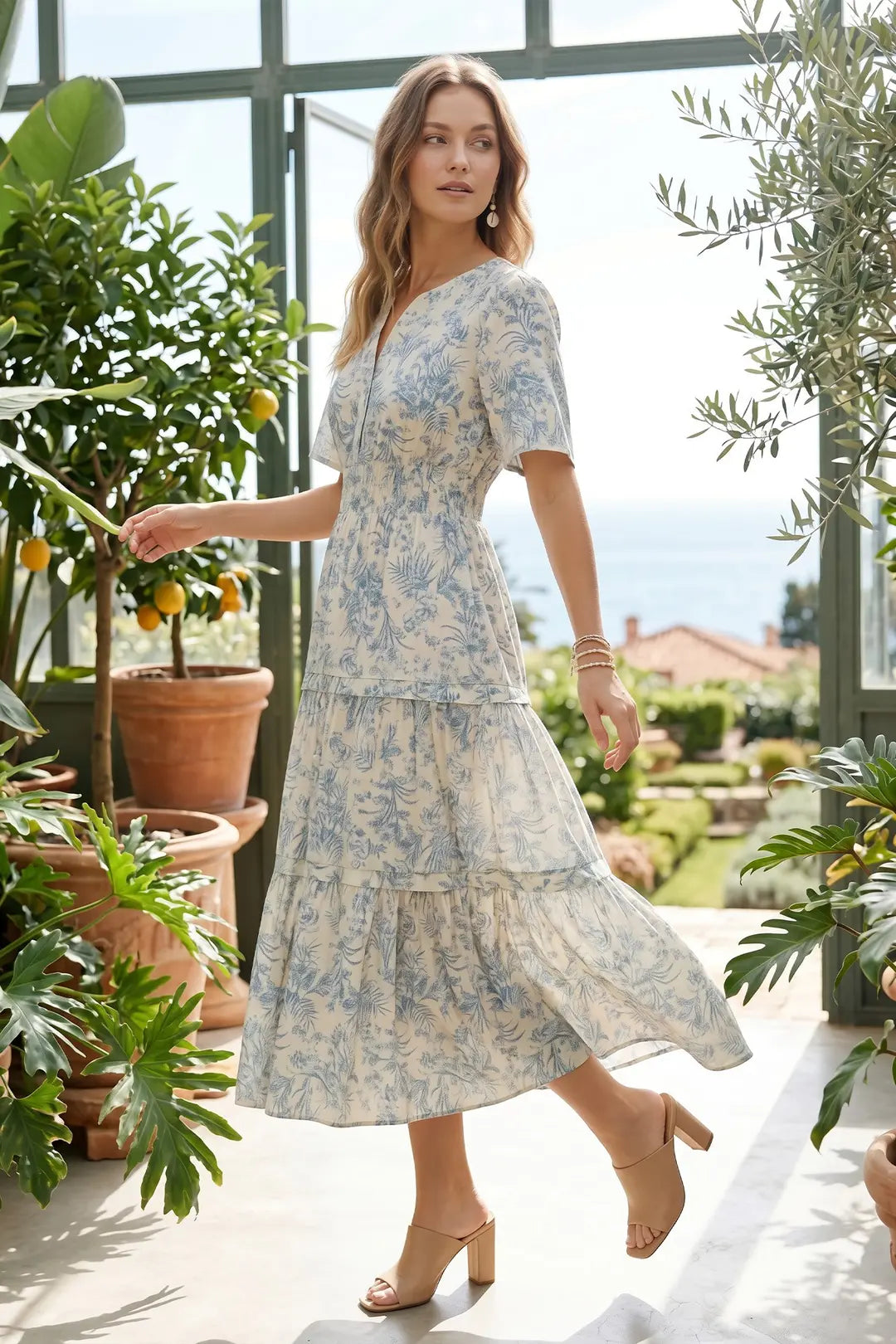 Serenity Short Sleeve Woven V Neck Tiered Midi Dress Blue