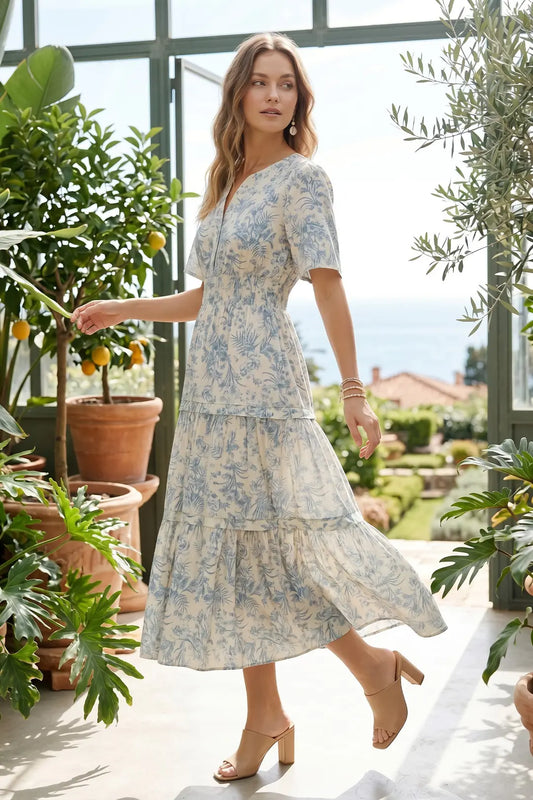 Serenity Short Sleeve Woven V Neck Tiered Midi Dress Blue