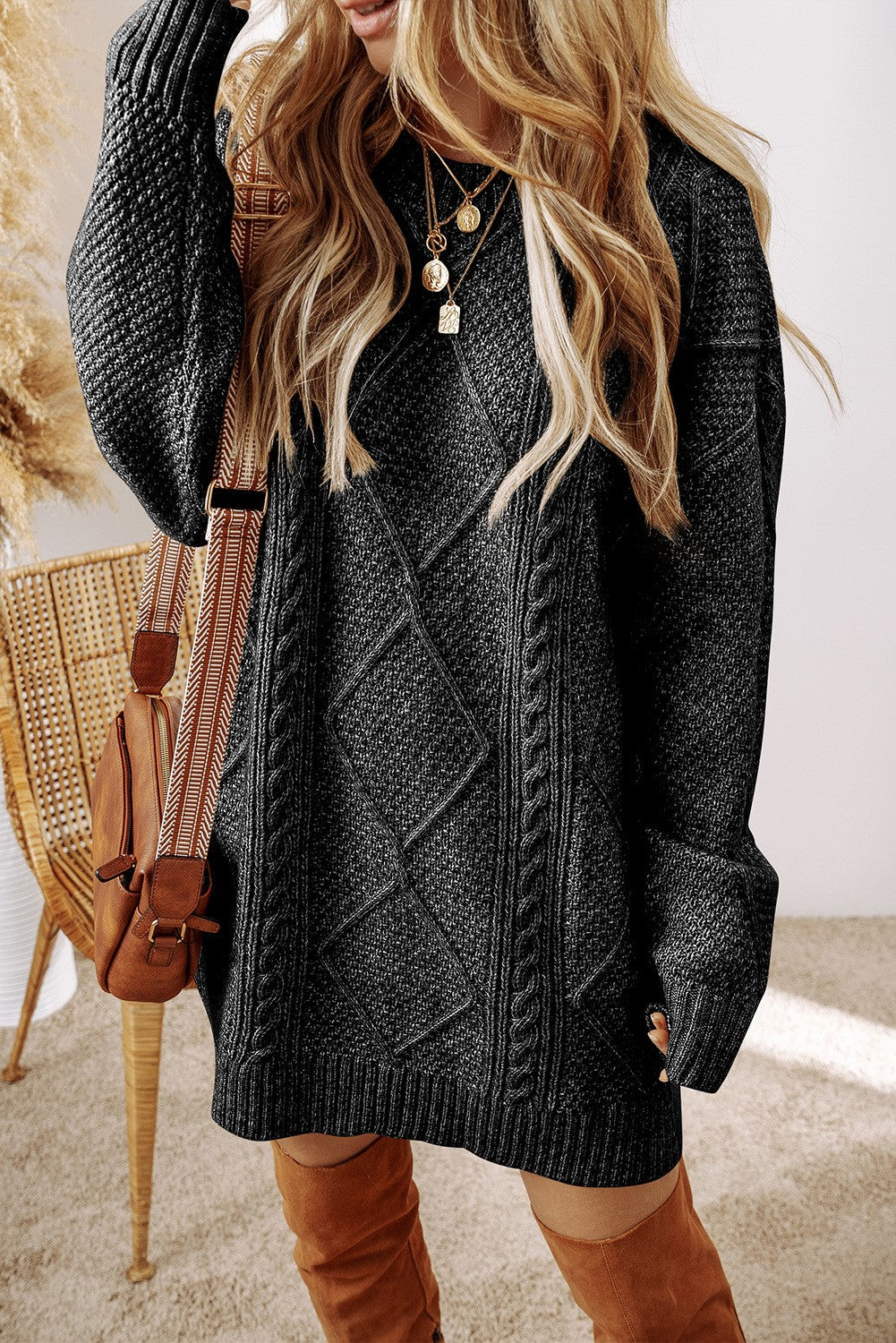 Sabrina Cable Knit Sweater Dress Black