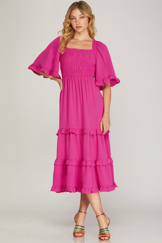 Savannah Bell Sleeve Tiered Dress Hot Pink