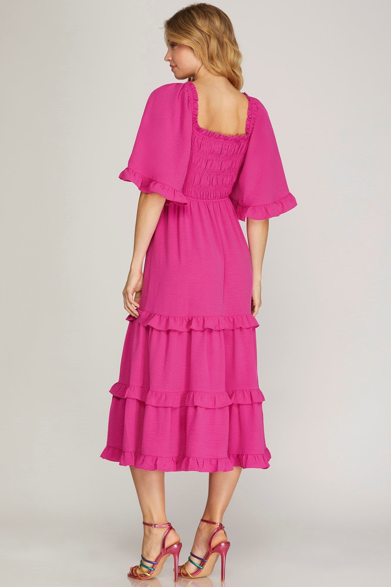 Savannah Bell Sleeve Tiered Dress Hot Pink