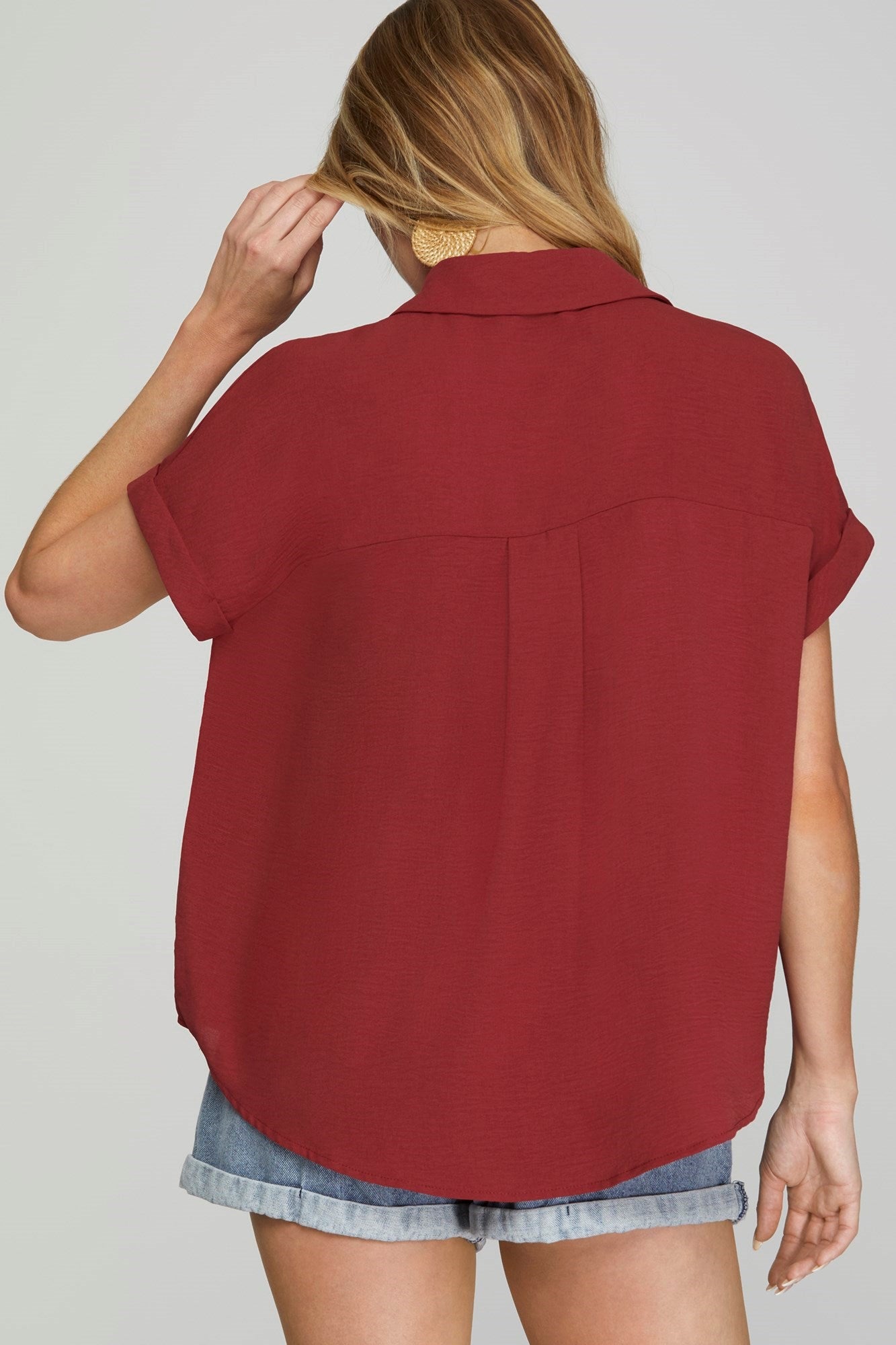 Claudia Collared Woven Top Red Brick