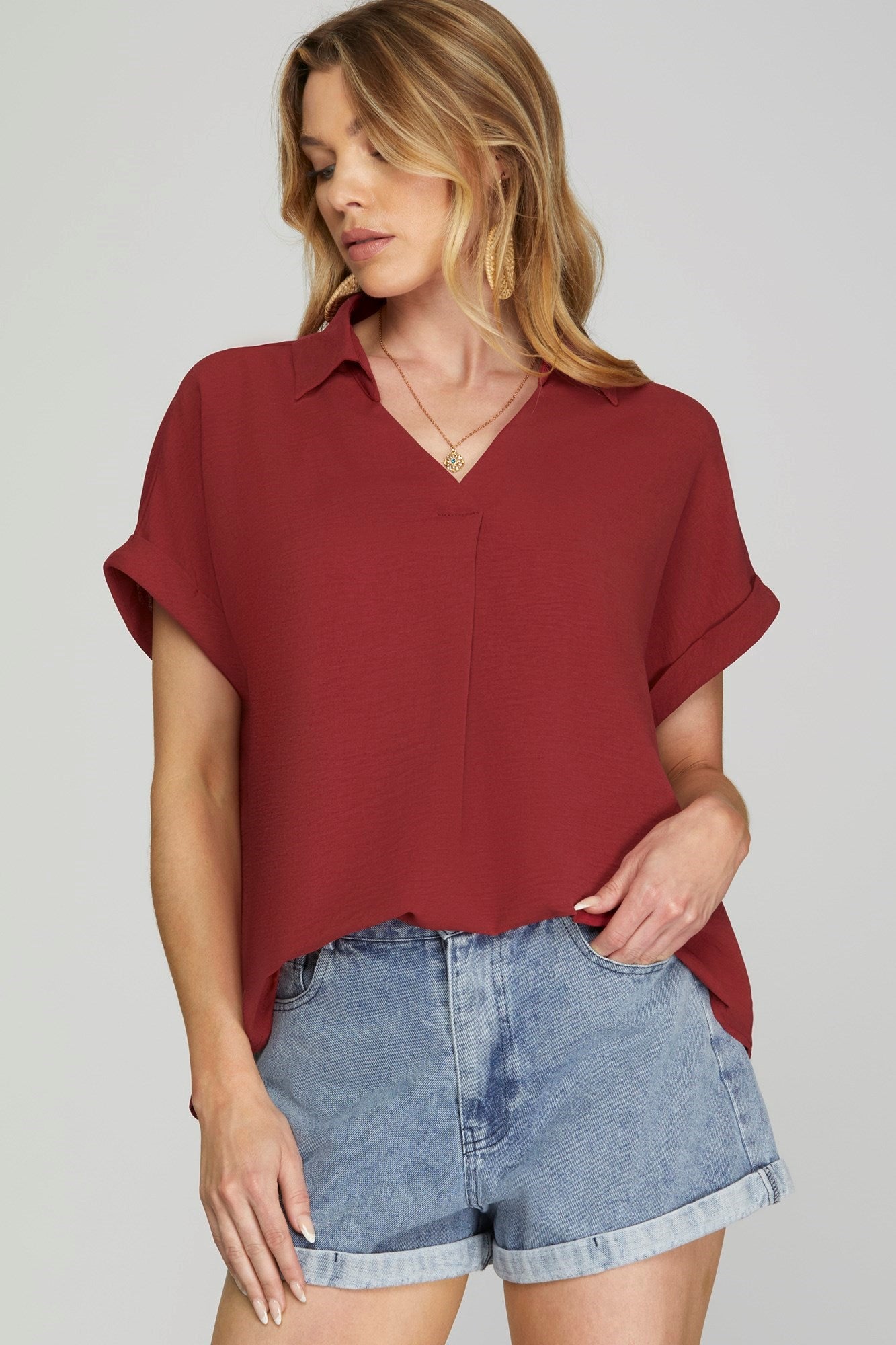 Claudia Collared Woven Top Red Brick