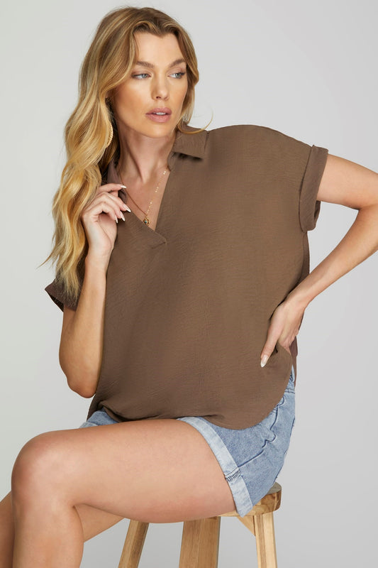 Claudia Collared Woven Top Mocha