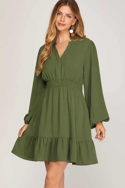 Winslet Long Sleeve Woven Dress Olive