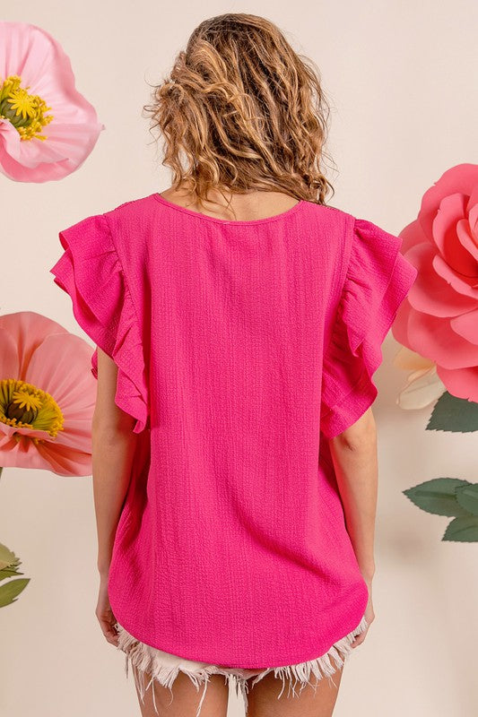 Sienna Shirred Ruffle Sleeve Top Fuchsia