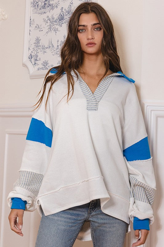 Olivia French Terry Pullover-Ivory/Blue