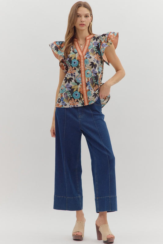Athena Floral Ruffle Sleeve Top Cinnamon