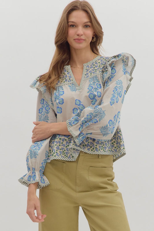 Melody Multi Print Puff Sleeve Blouse Blue
