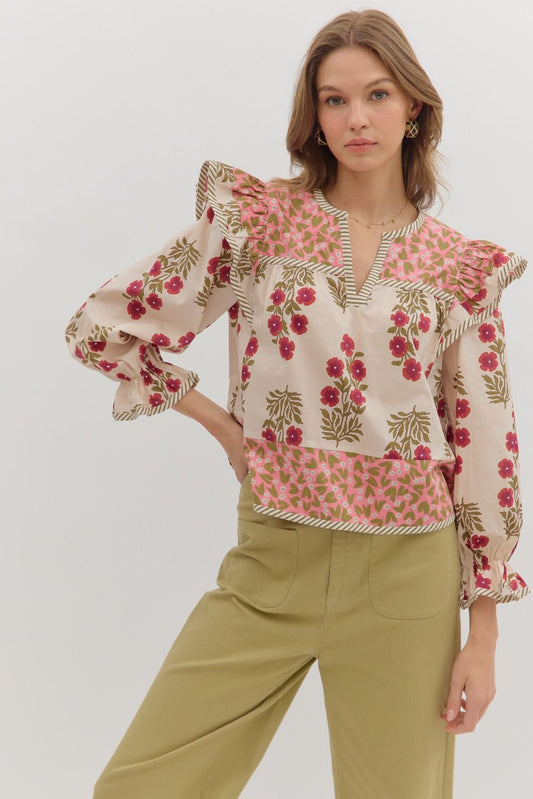 Melody Multi Print Puff Sleeve Blouse Pink