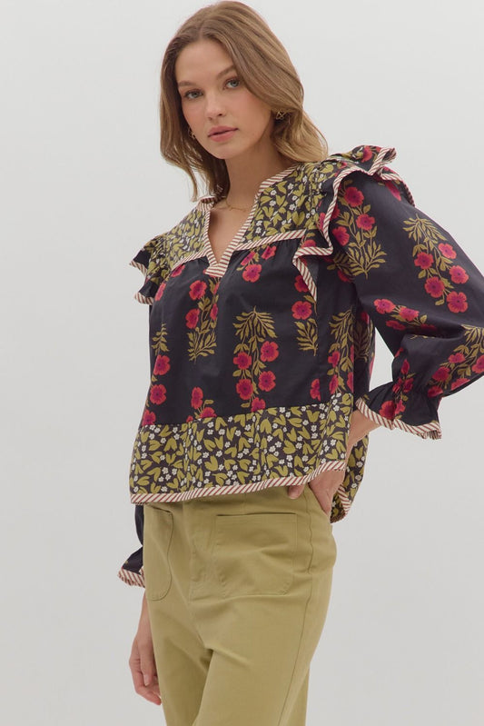 Melody Multi Print Puff Sleeve Blouse Black