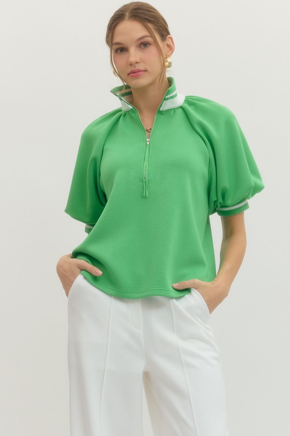 Sally Raglan Short Puff Sleeve Knit Top Green