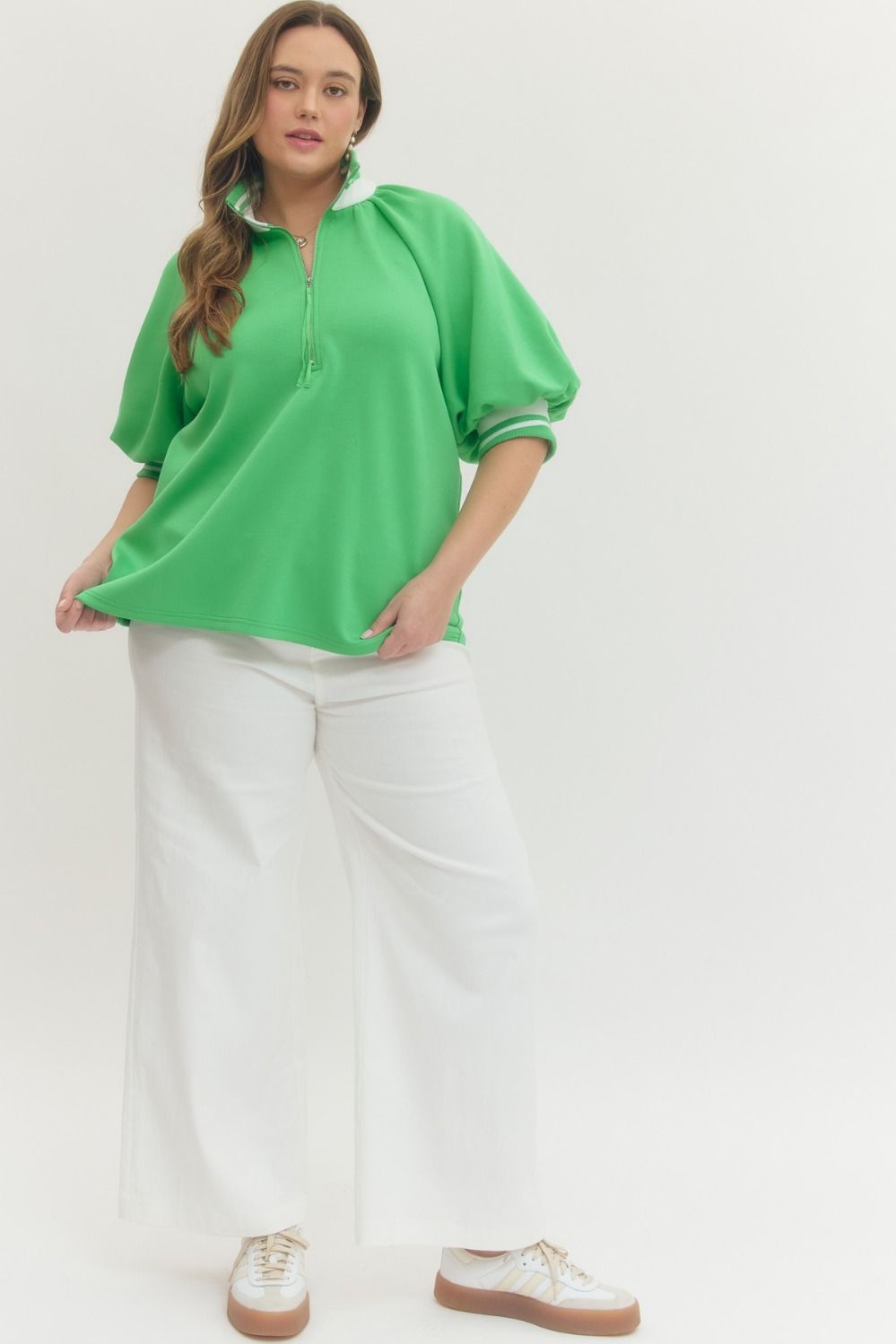 Sally Raglan Short Puff Sleeve Knit Top Green