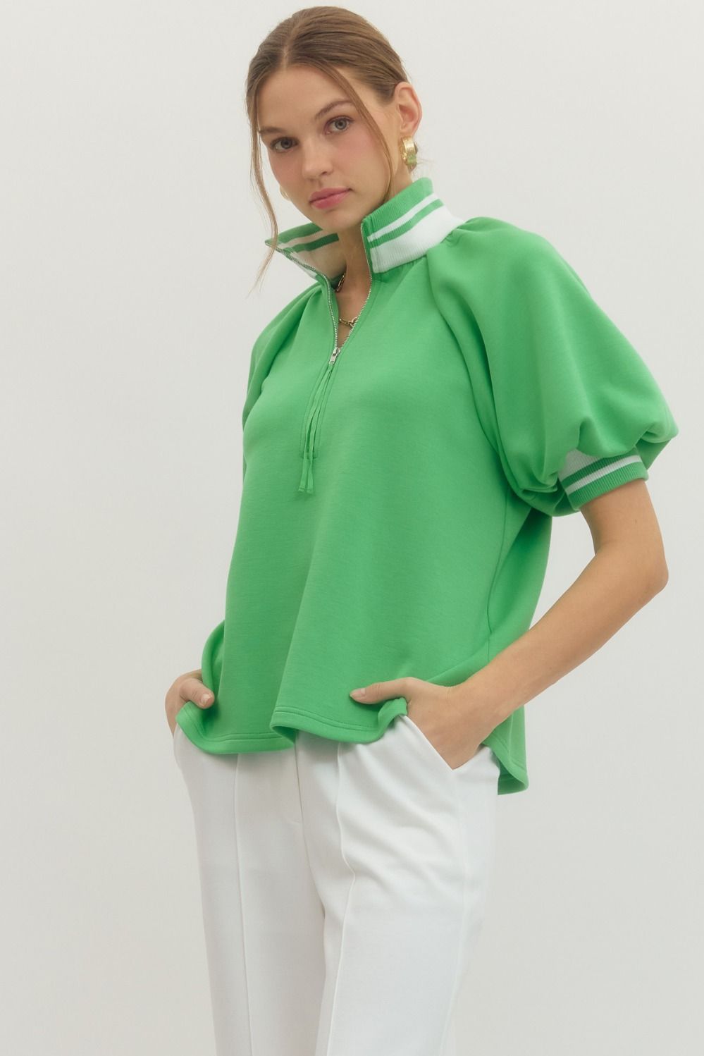 Sally Raglan Short Puff Sleeve Knit Top Green