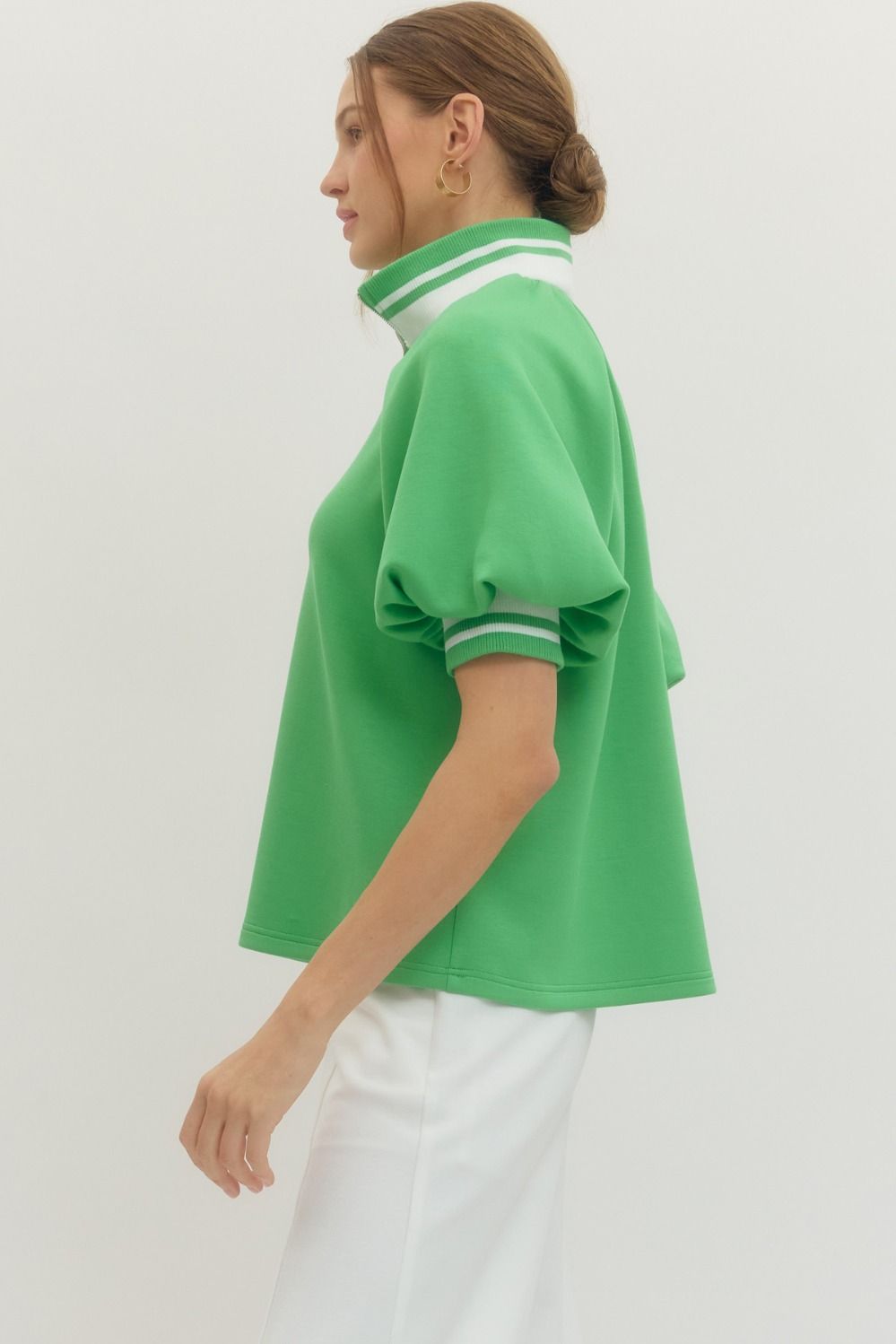 Sally Raglan Short Puff Sleeve Knit Top Green