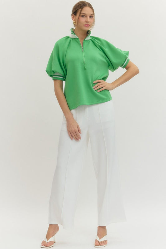 Sally Raglan Short Puff Sleeve Knit Top Green