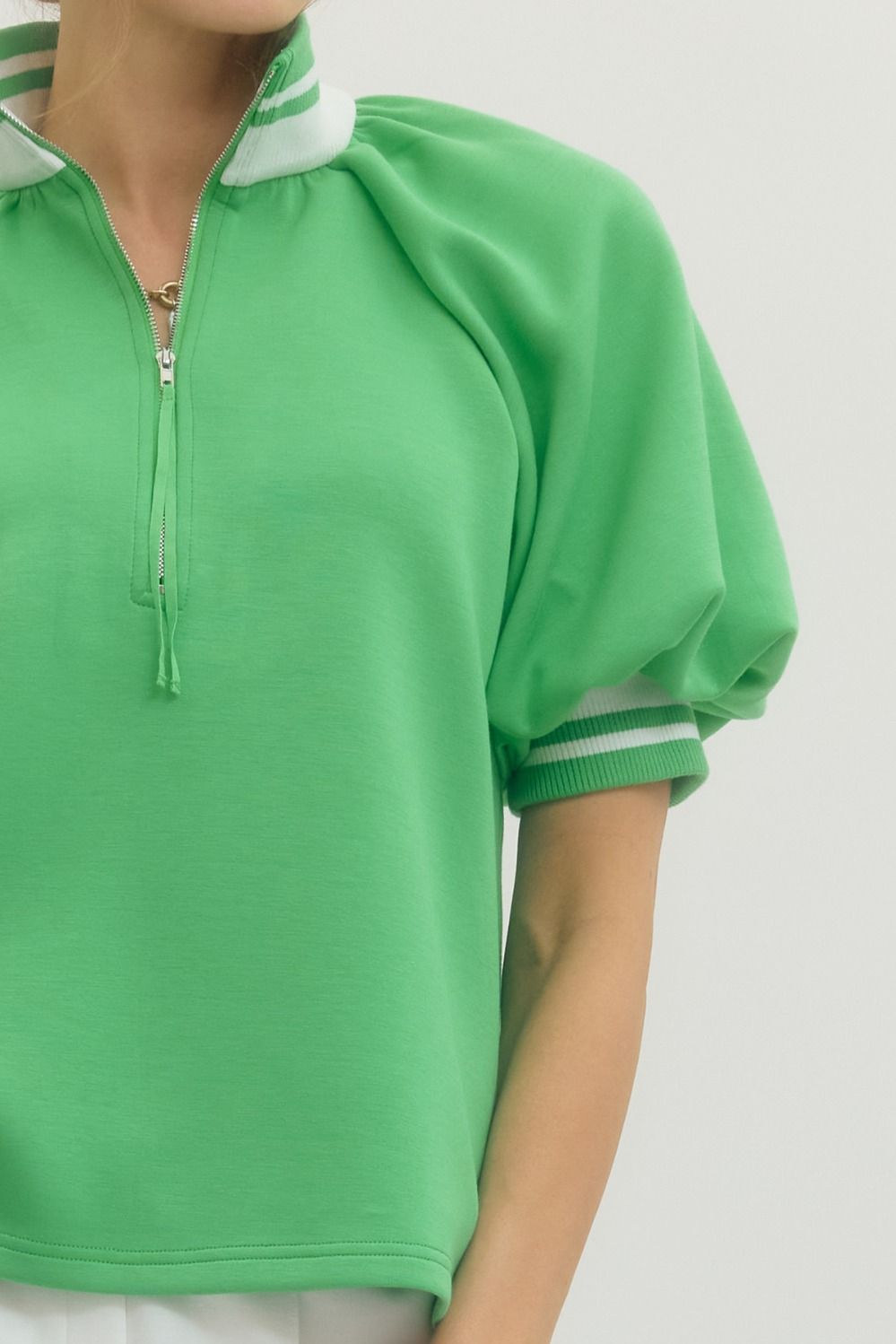 Sally Raglan Short Puff Sleeve Knit Top Green