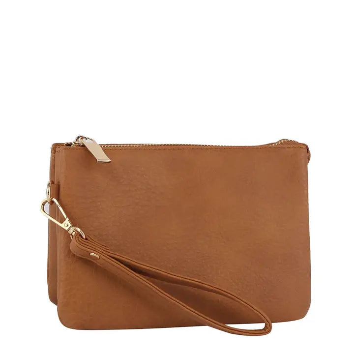 Triple Compartment Convertible Clutch Crossbody Wristlet Brown