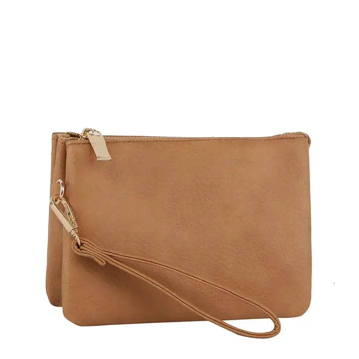 Triple Compartment Convertible Clutch Crossbody Wristlet Tan
