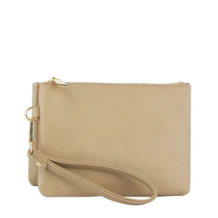 Triple Compartment Convertible Clutch Crossbody Wristlet Taupe