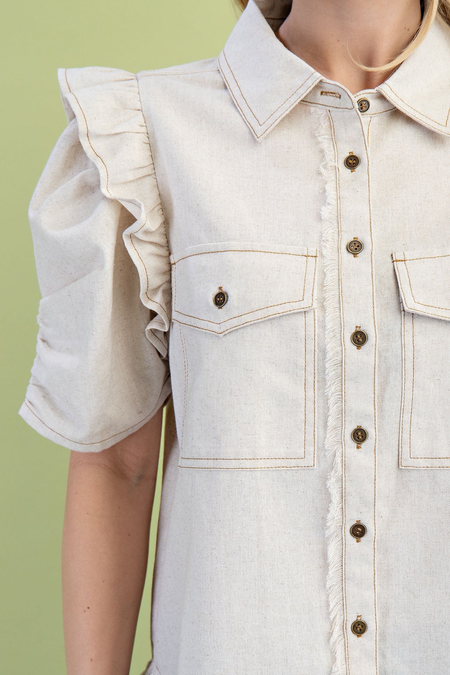 Raylee Ruffled Sleeve Linen Button Up Top Oatmeal