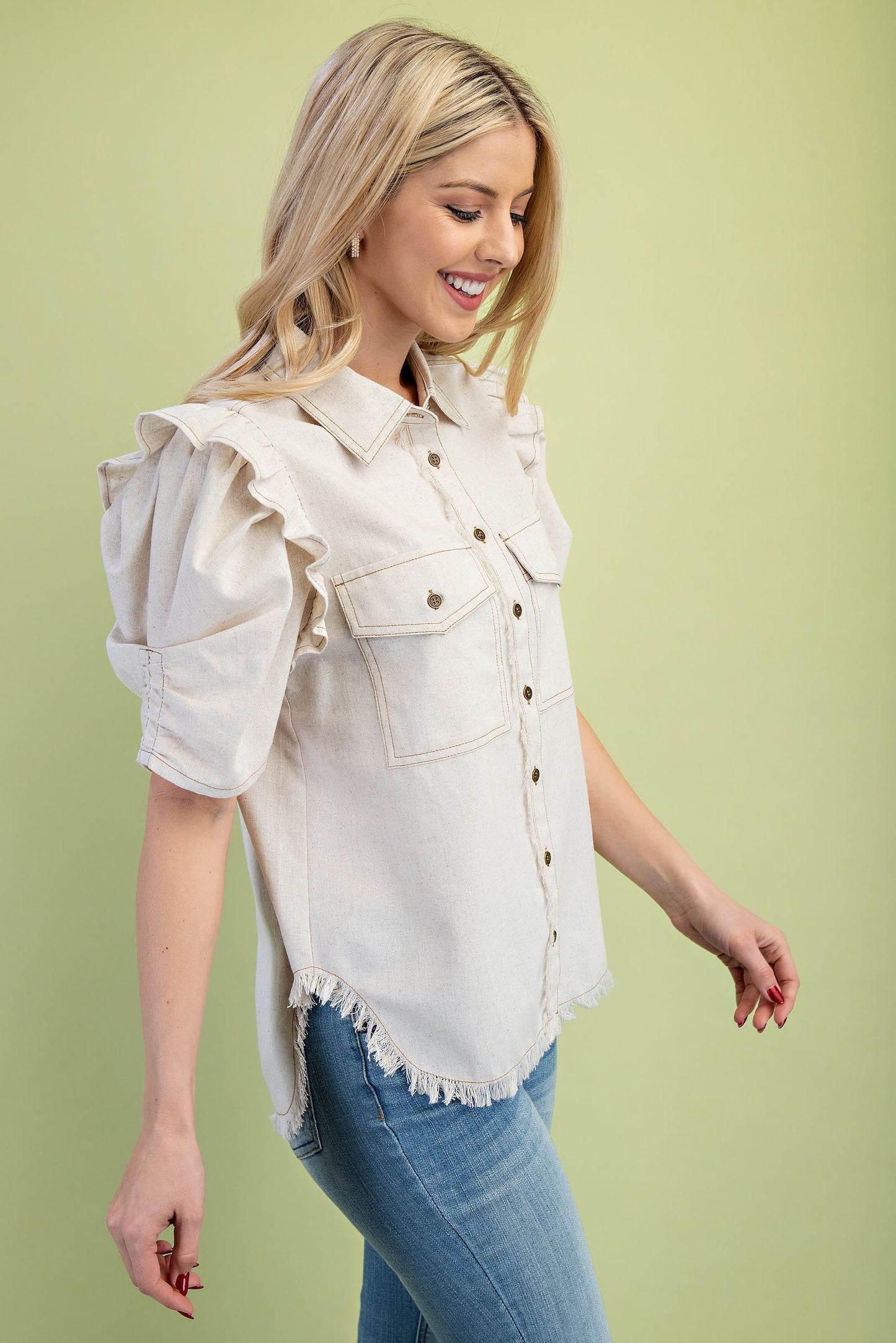 Raylee Ruffled Sleeve Linen Button Up Top Oatmeal