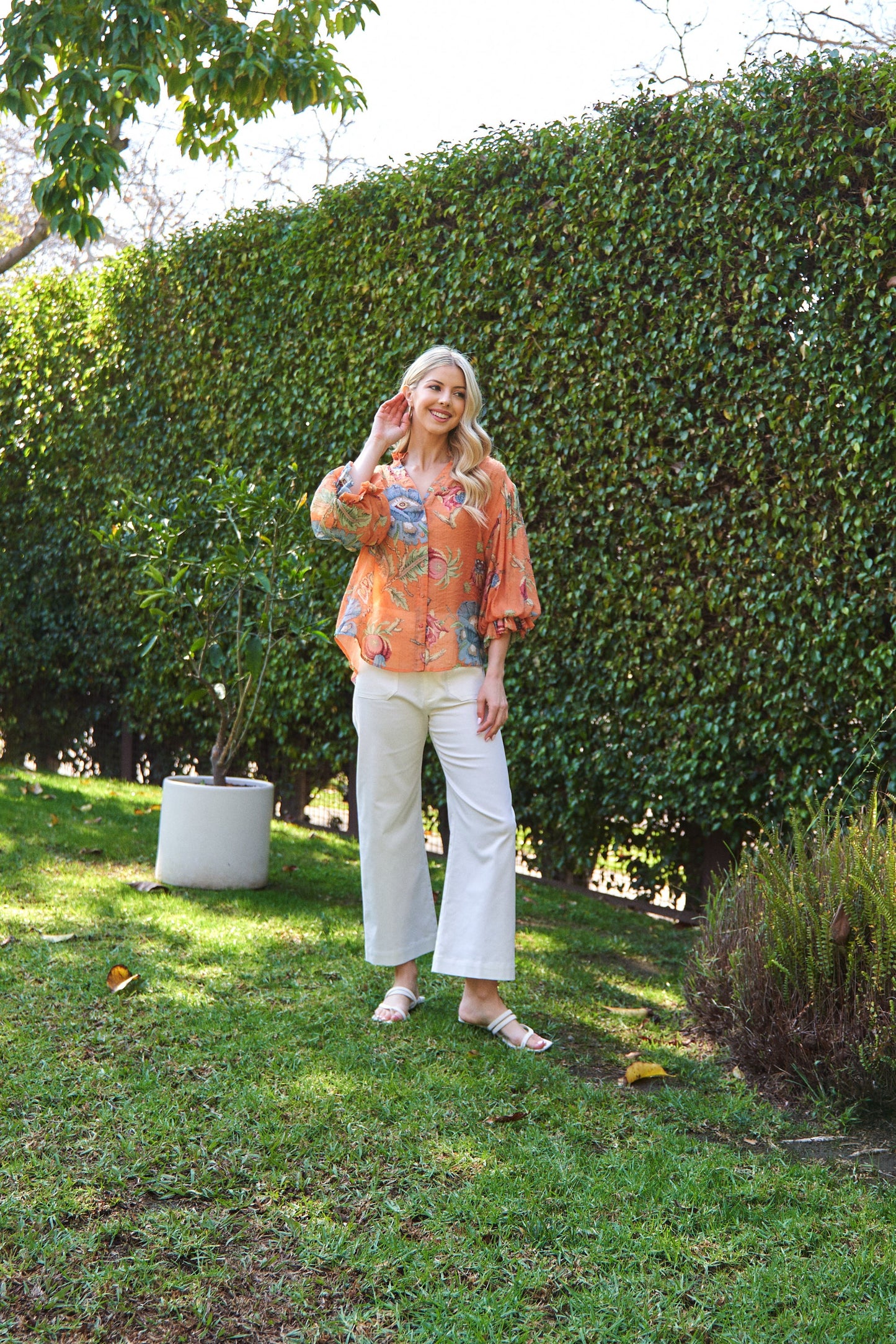 Colleen Printed Button Down Top Coral