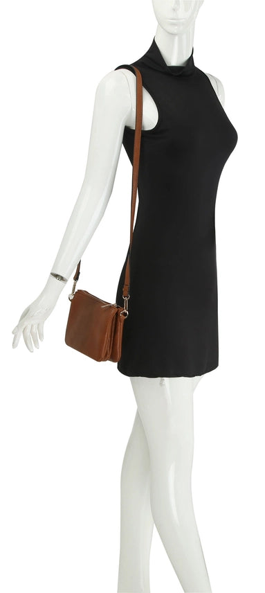 Triple Compartment Convertible Clutch Crossbody Wristlet Brown