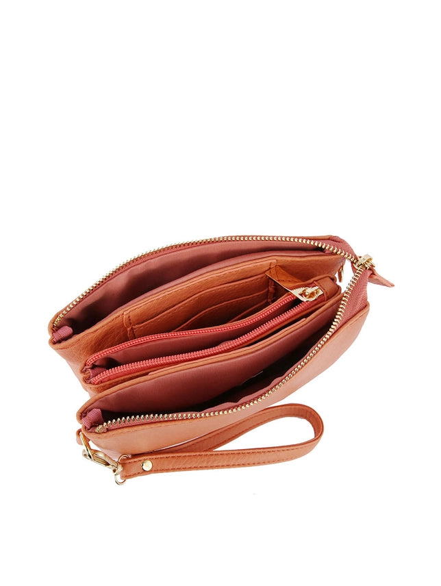 Triple Compartment Convertible Clutch Crossbody Wristlet Brown