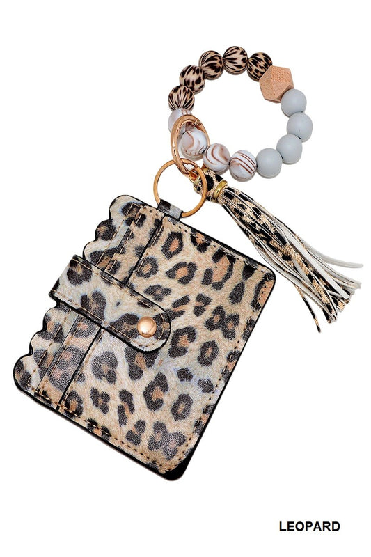 Brenda Beaded Bracelet Card Holder Keychain Wallet Leopard
