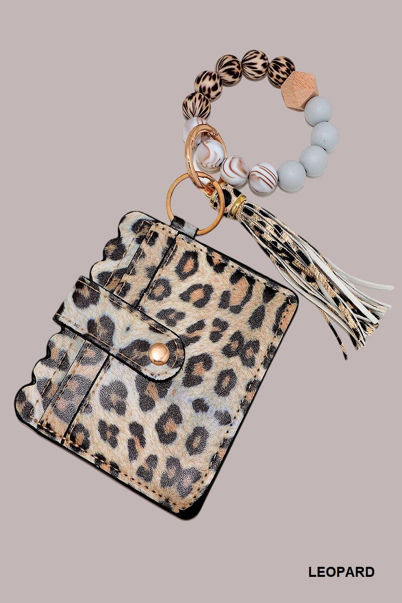 Brenda Beaded Bracelet Card Holder Keychain Wallet Leopard