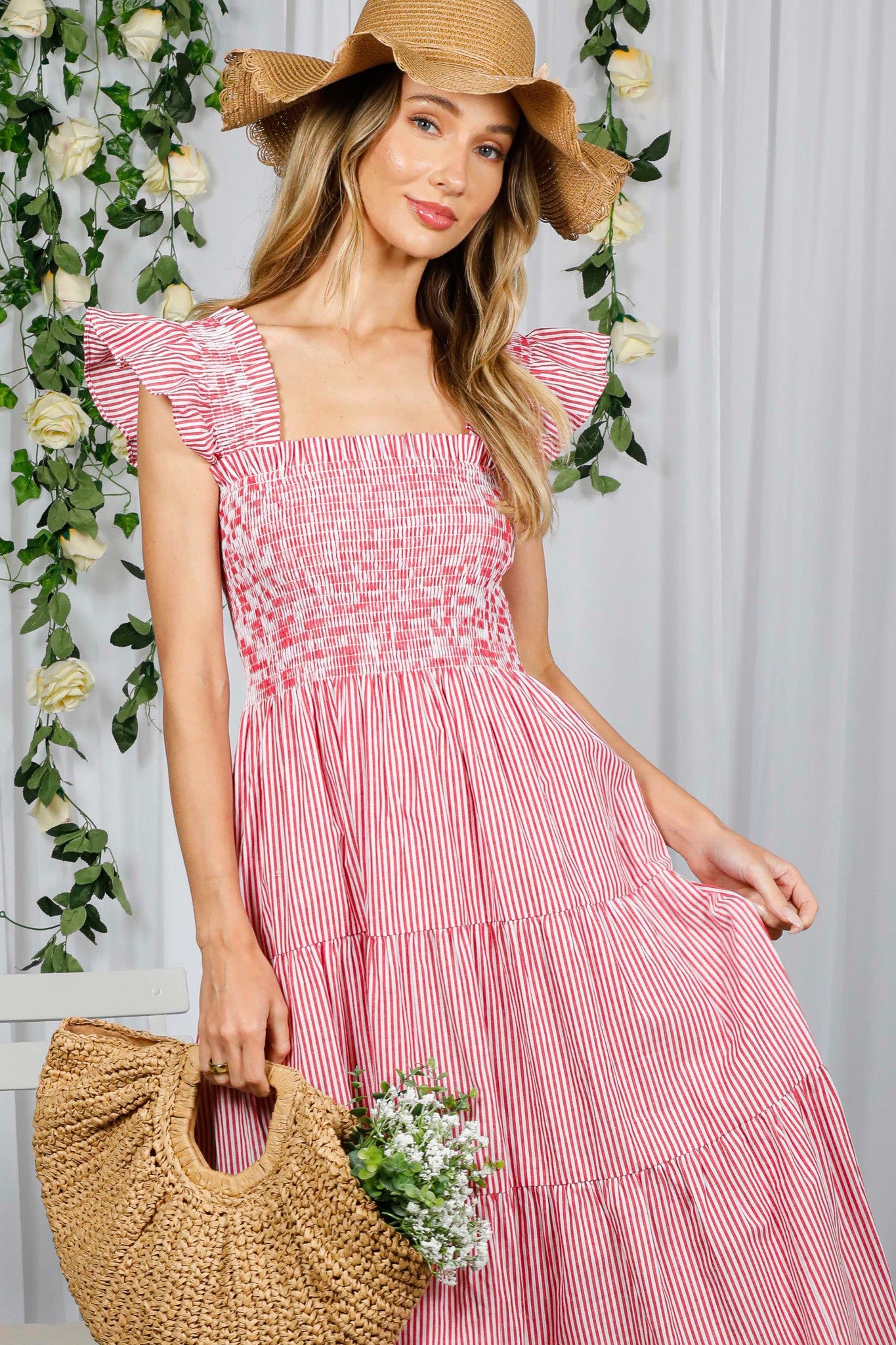 Shelly Shoulder Strap Stripe Midi Dress Red