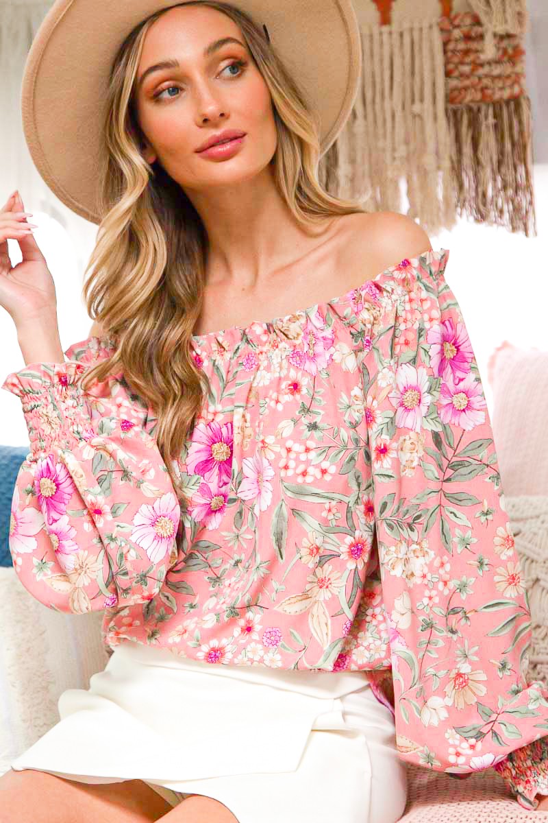 Pretty As A Picture Floral Woven Off Shoulder Top Blush
