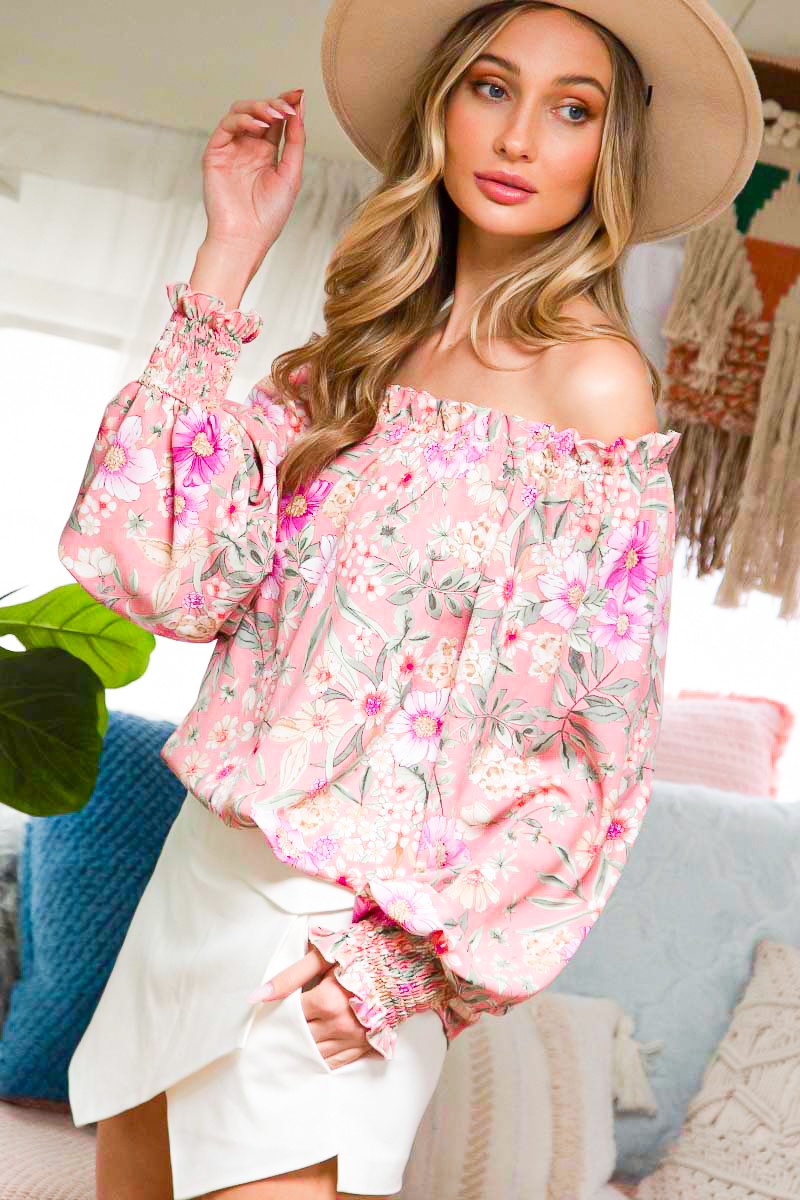Pretty As A Picture Floral Woven Off Shoulder Top Blush