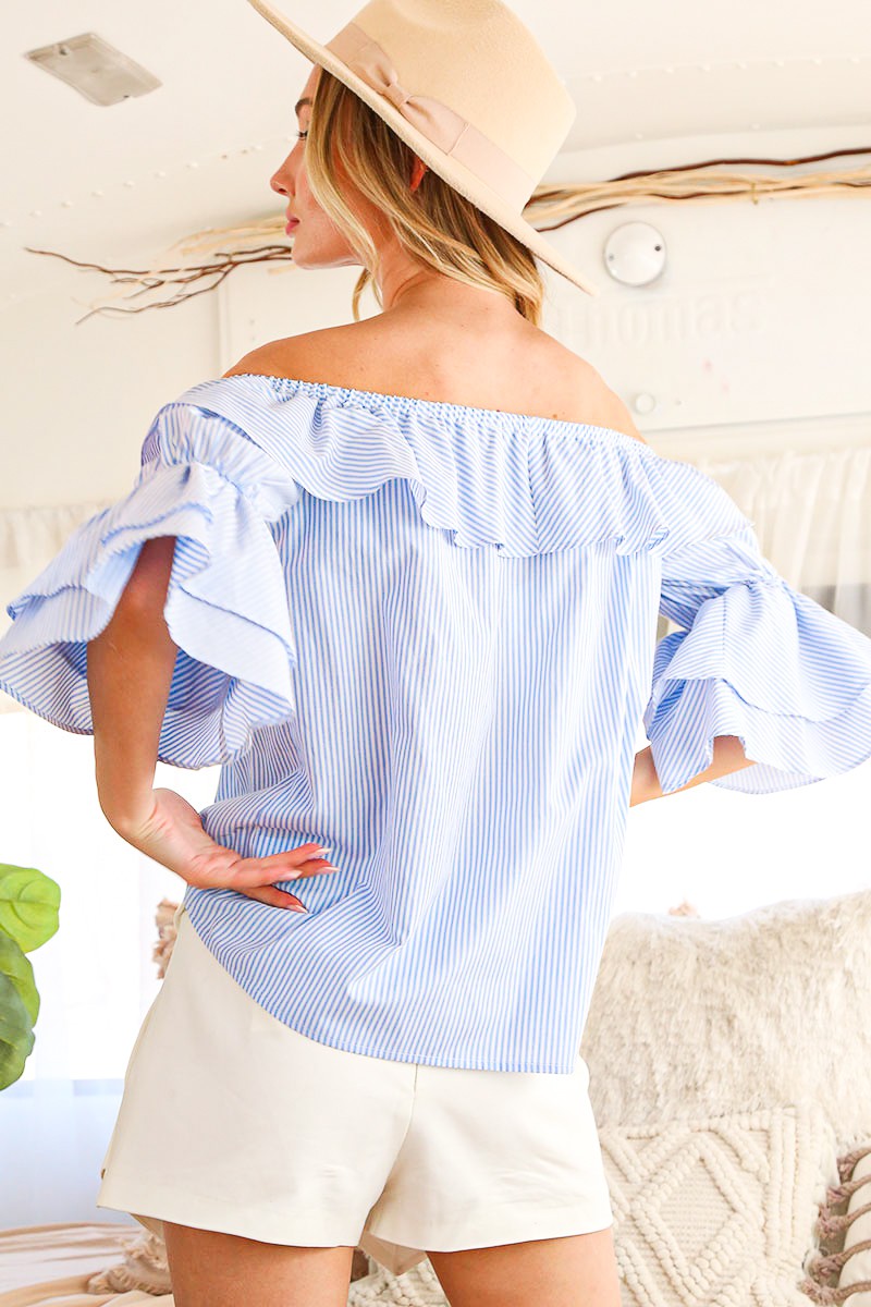 Skylar Off Shoulder Ruffle Short Sleeve Stripe Top Blue