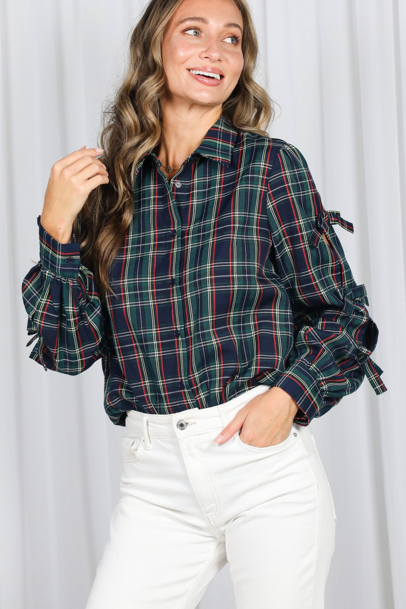 Bow Accent Button Down Plaid Shirt Hunter Green