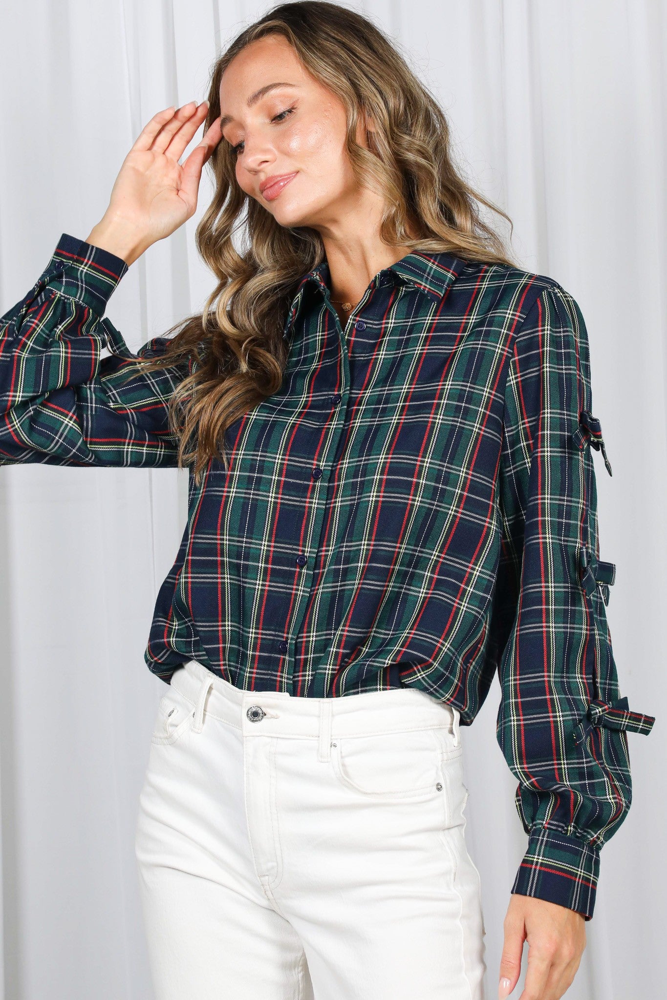 Bow Accent Button Down Plaid Shirt Hunter Green