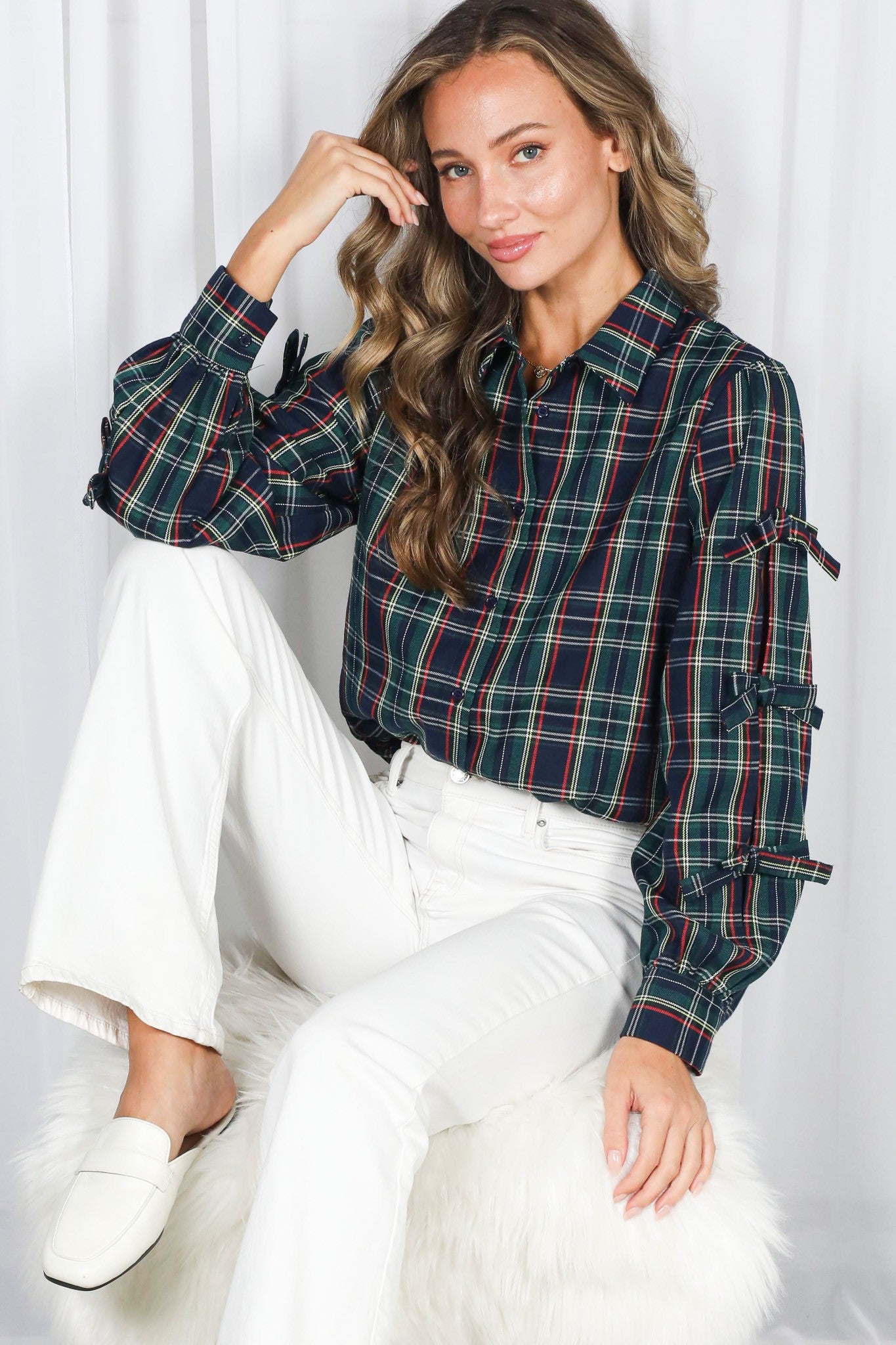 Bow Accent Button Down Plaid Shirt Hunter Green