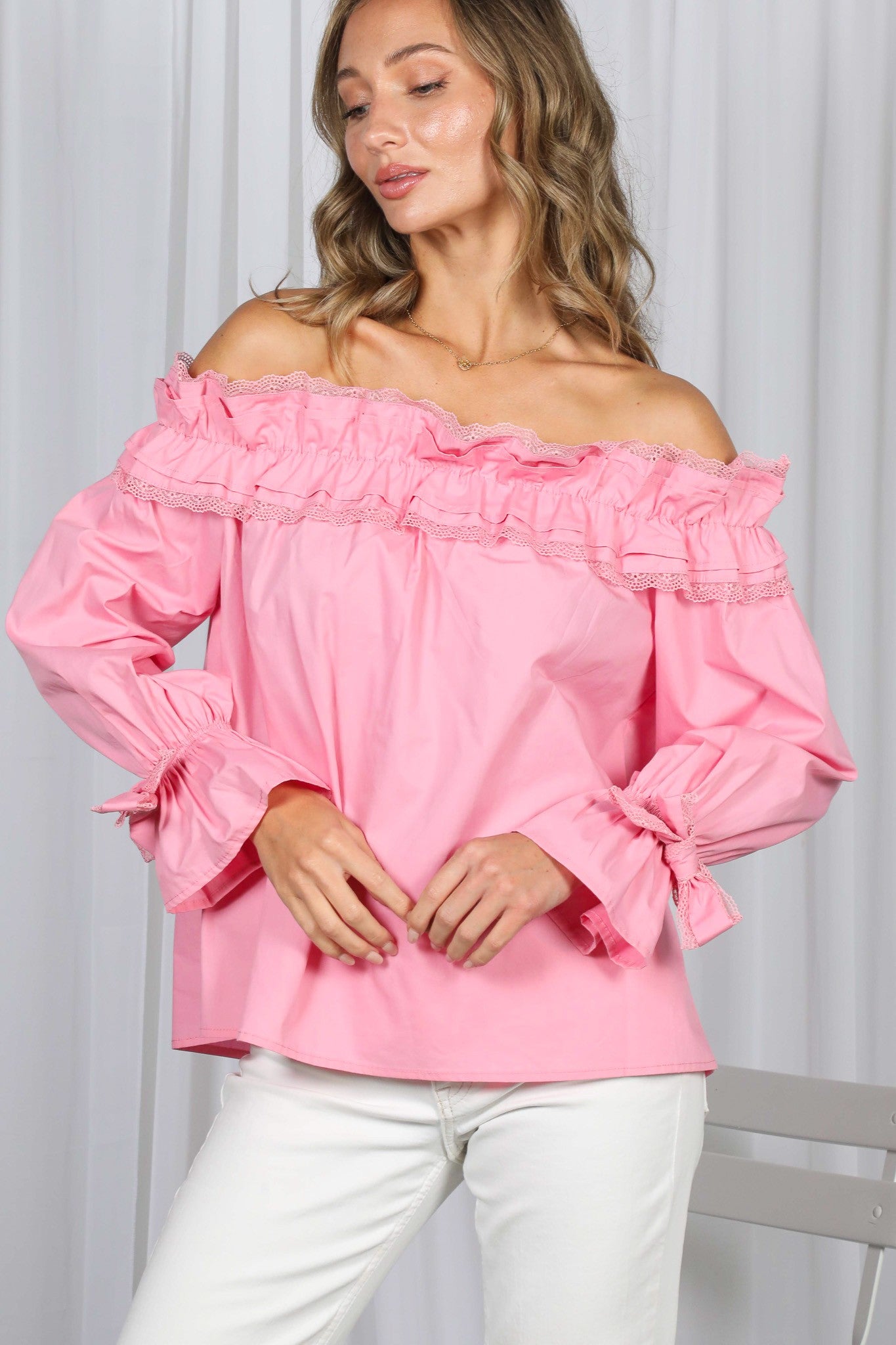 Rebecca Romantic Off Shoulder Ruffle Blouse Pink